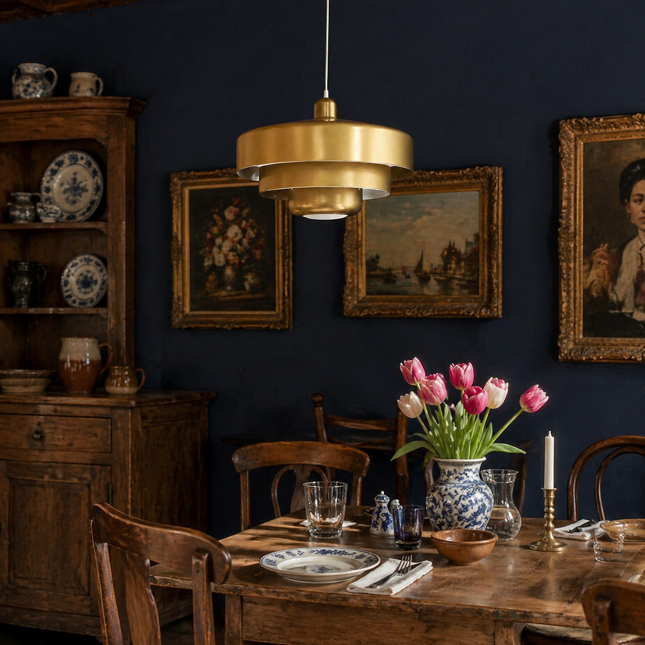 Messing hanglamp in een klassiek interieur