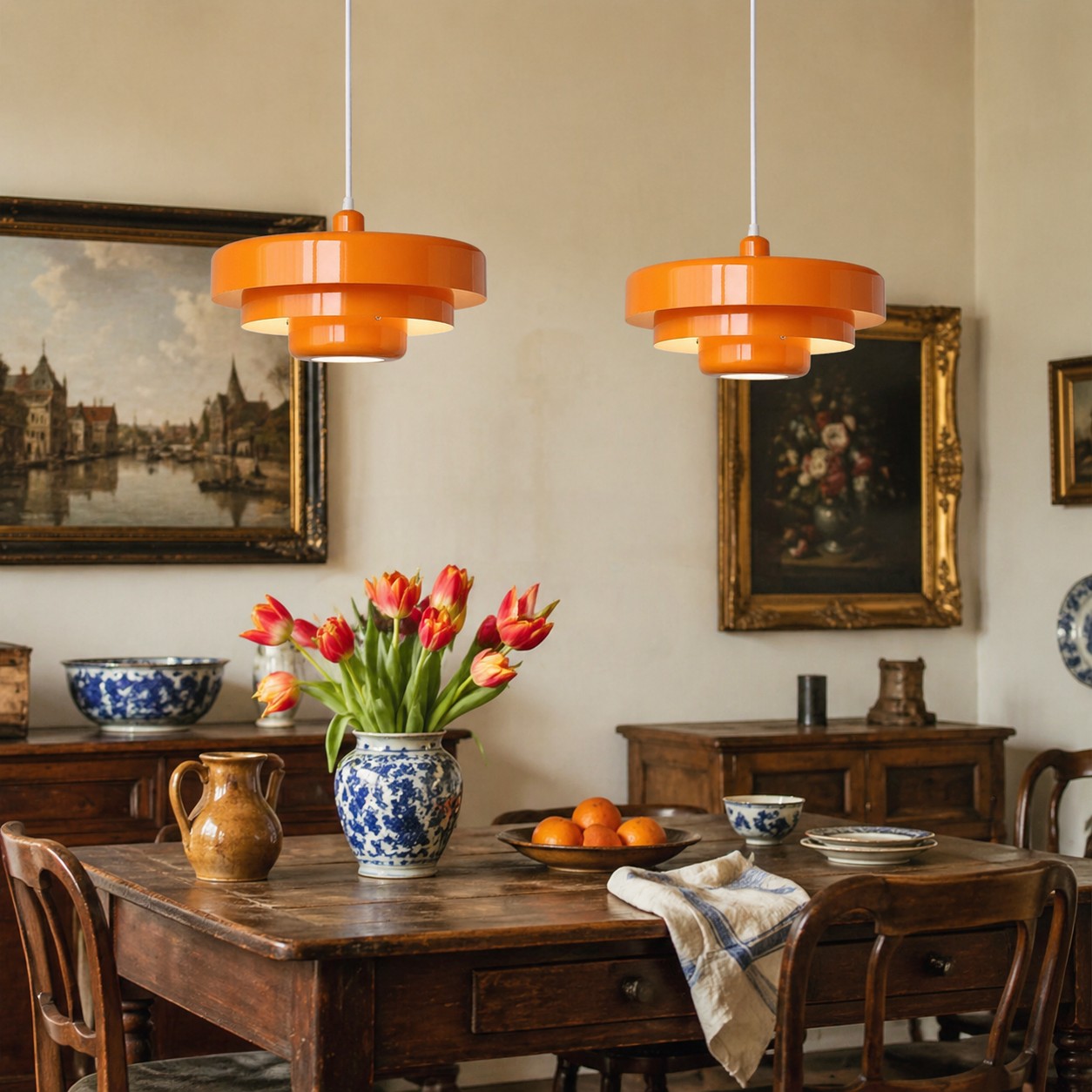 Oranje hanglampen boven de eettafel