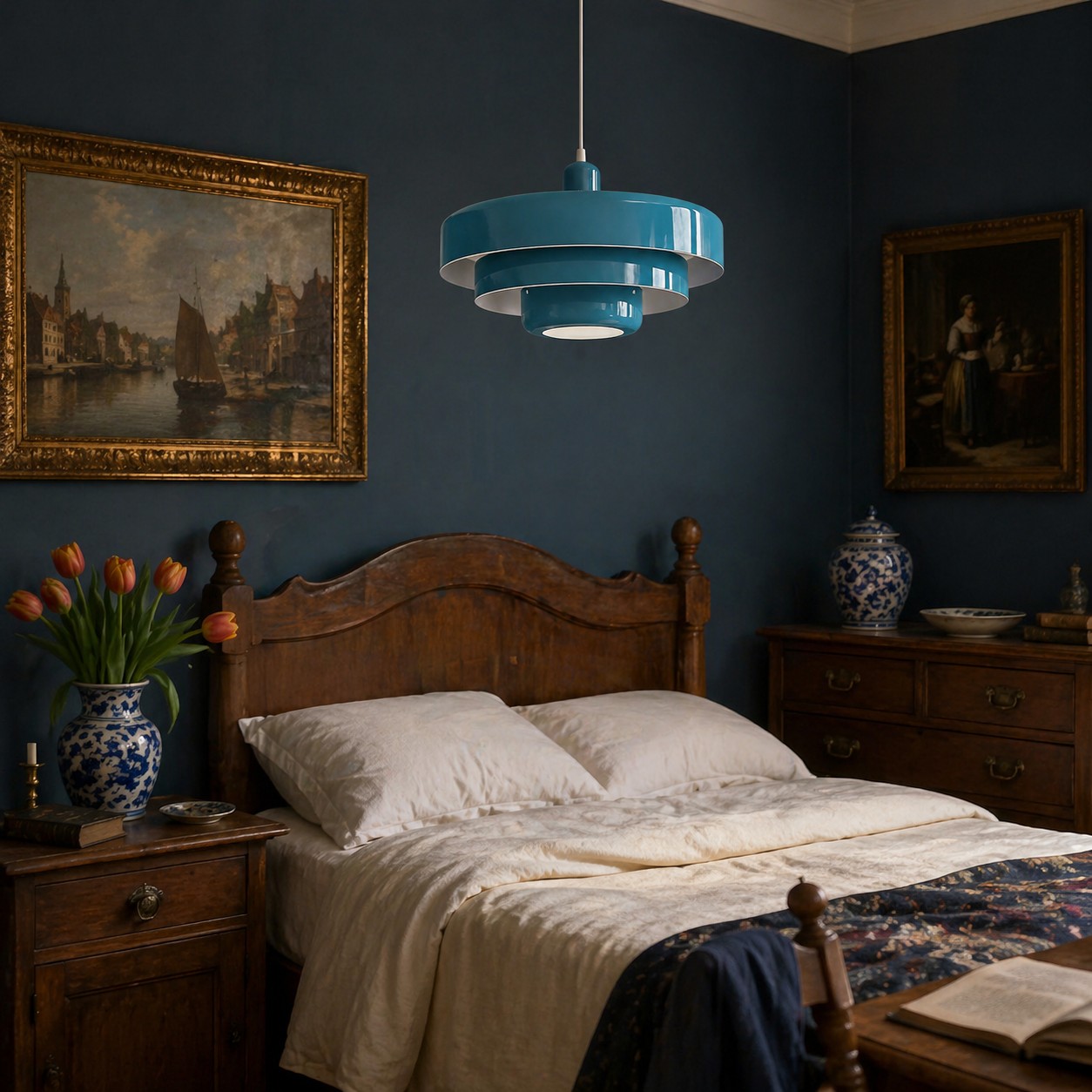 Blauwe hanglamp in de slaapkamer