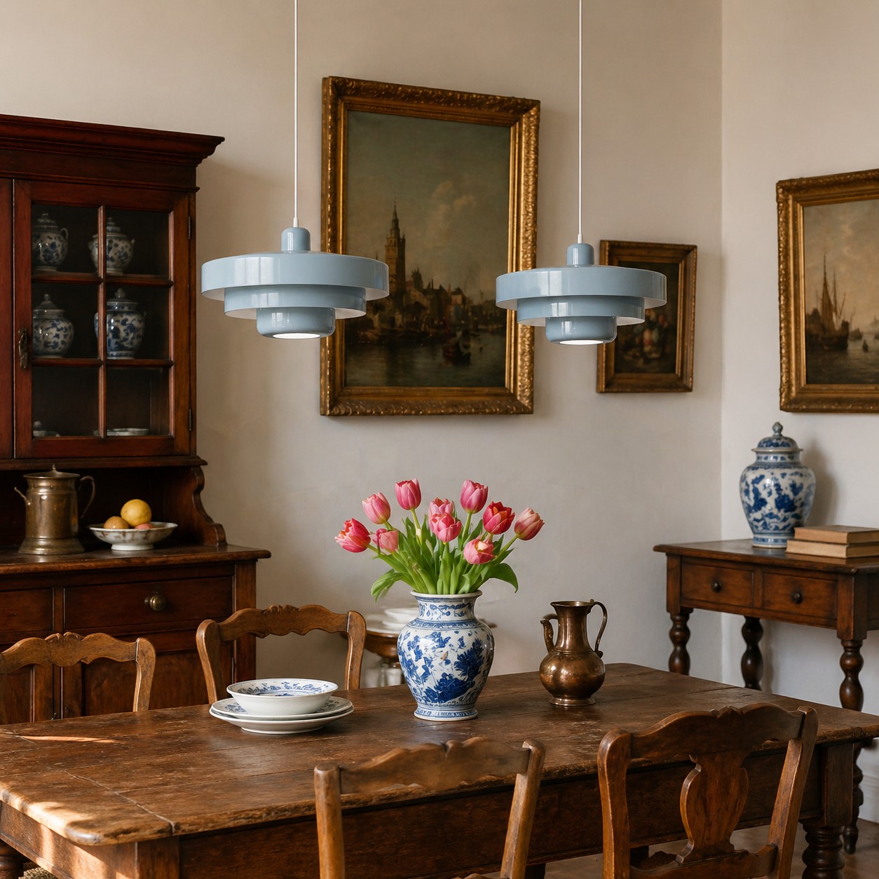 Lichtblauwe hanglampen boven de eettafel