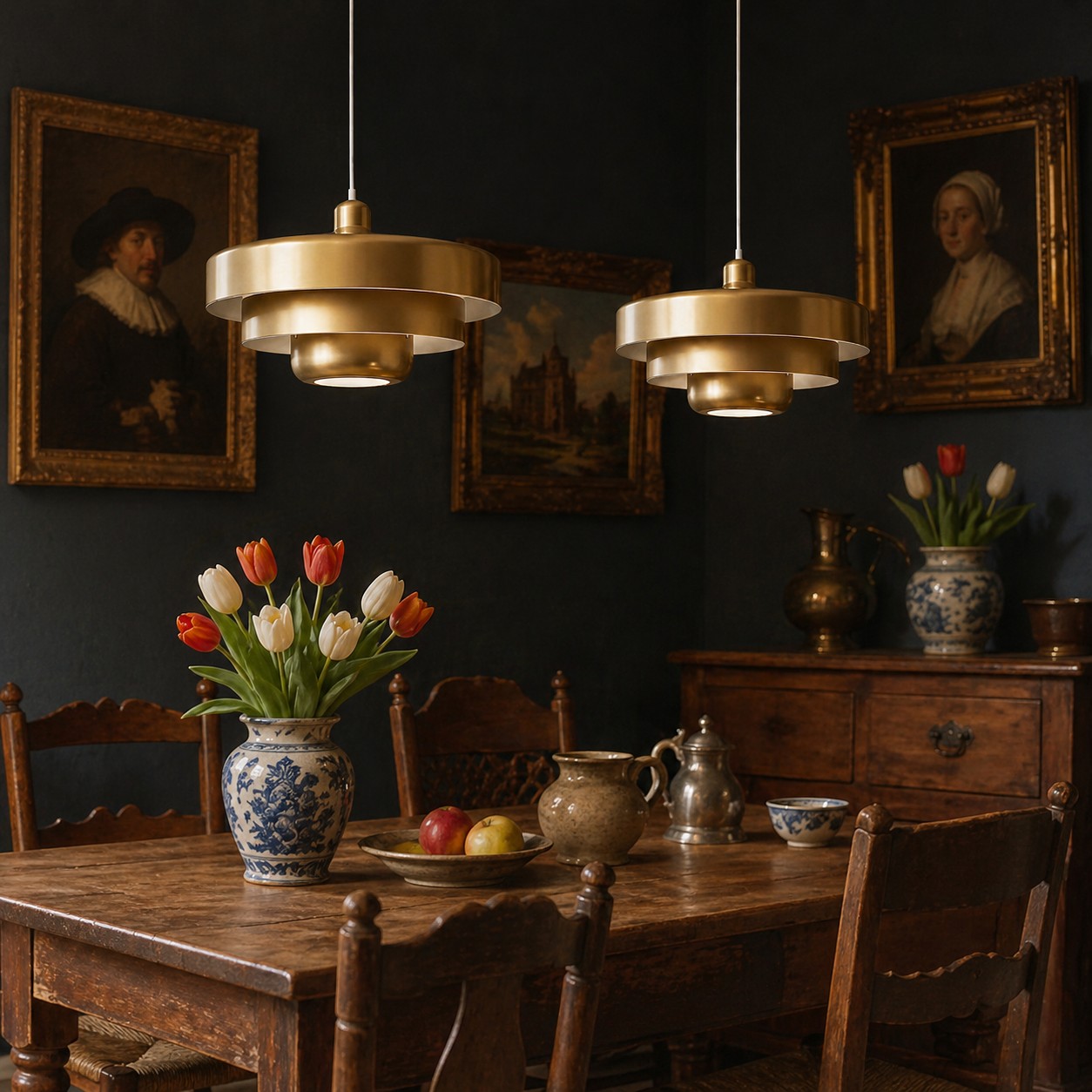 Messing hanglampen in de eetkamer