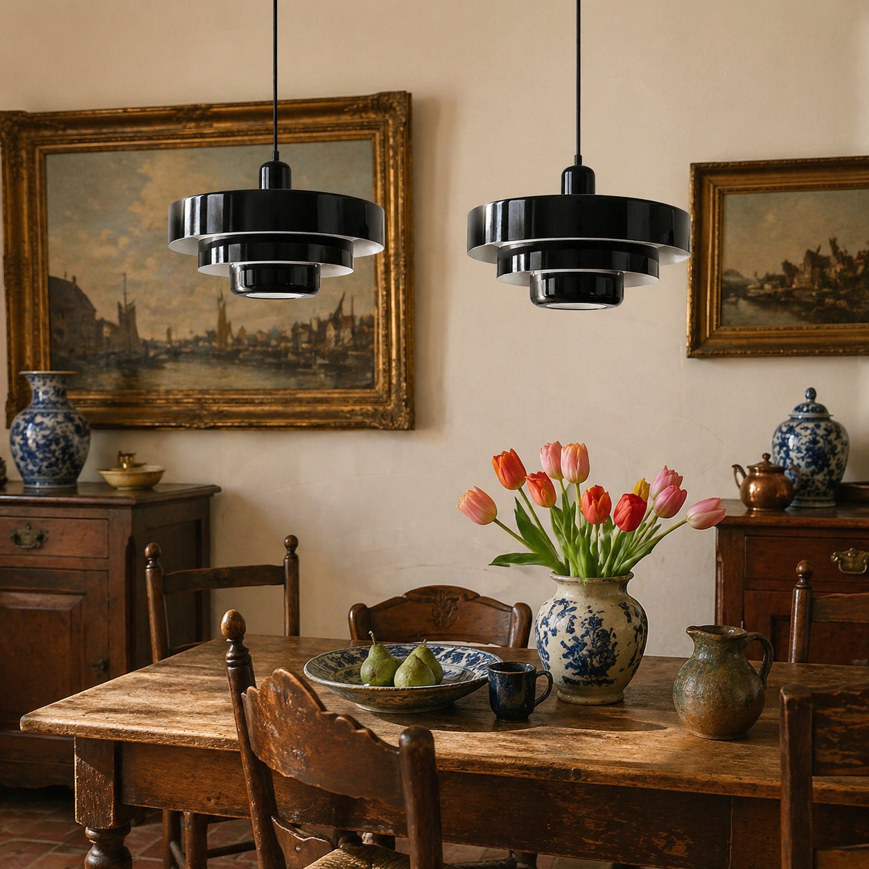 Zwarte hanglampen boven de eettafel