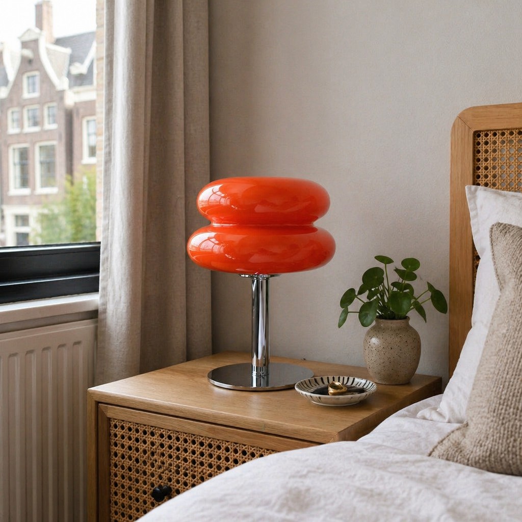 Oranje tafellamp op een nachtkastje