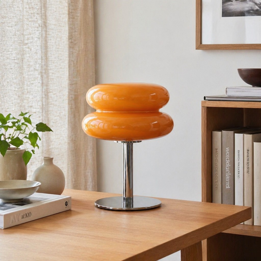 Oranje Lollipop tafellamp op een houten tafel