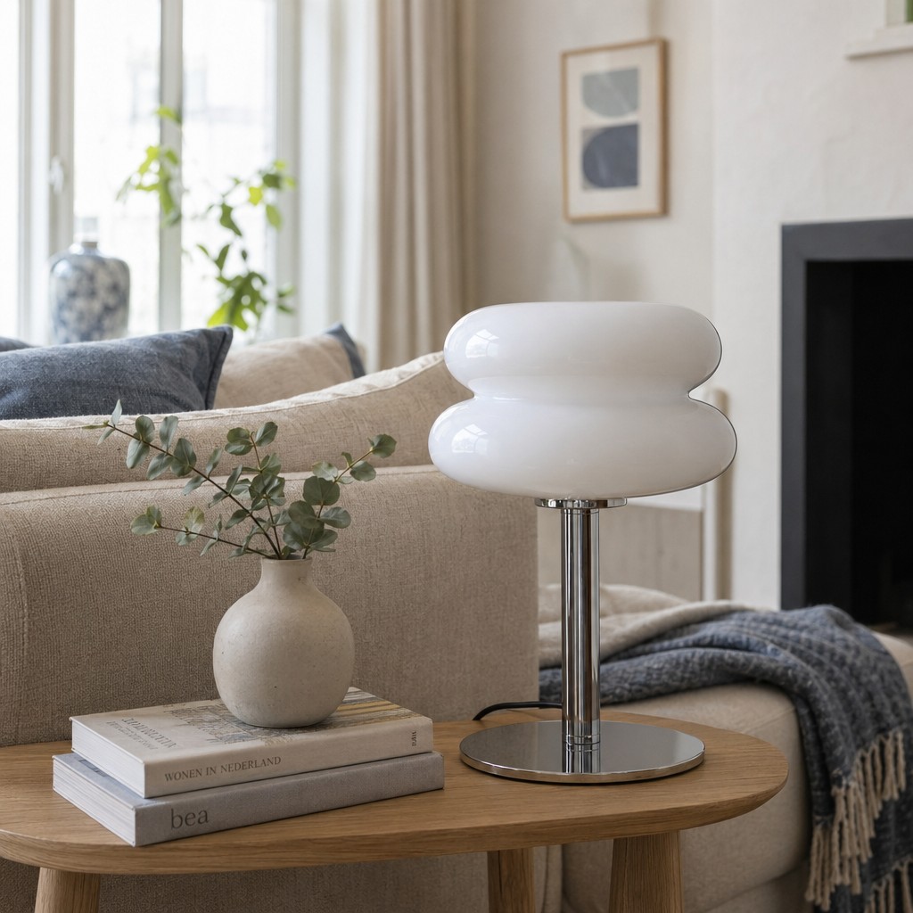 Witte Lollipop tafellamp op een salontafel