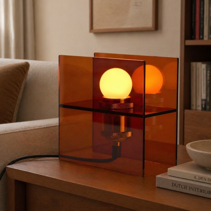 Amberbruine Sunset Horizon tafellamp op een tafel