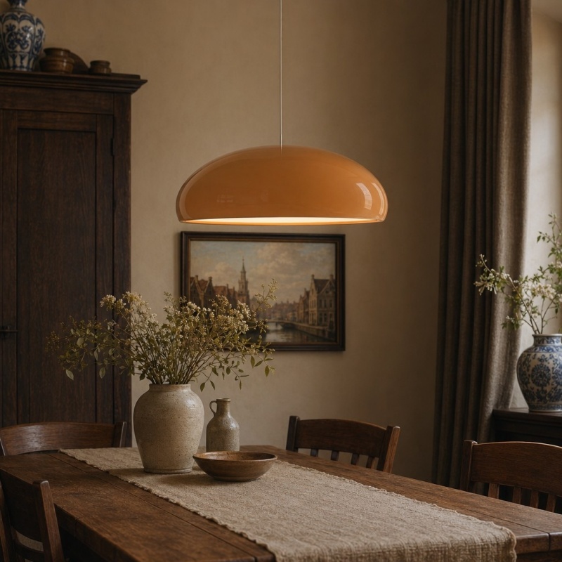 Oranje Haelen hanglamp in eetkamer