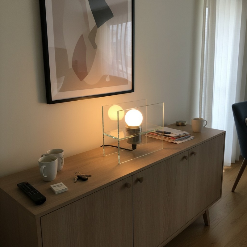 Fotorecensie van de transparante tafellamp in een lichte kamer