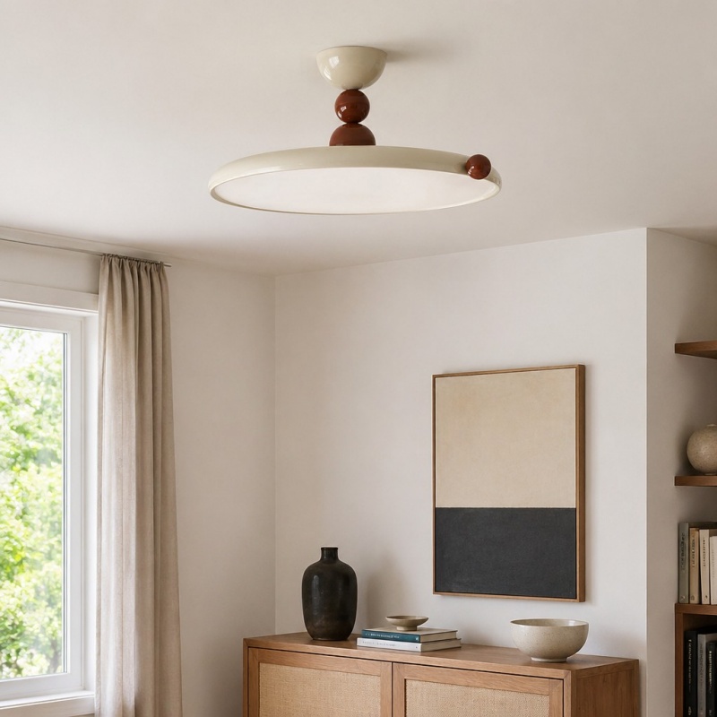 Vintage schijf plafondlamp in een lichte kamer