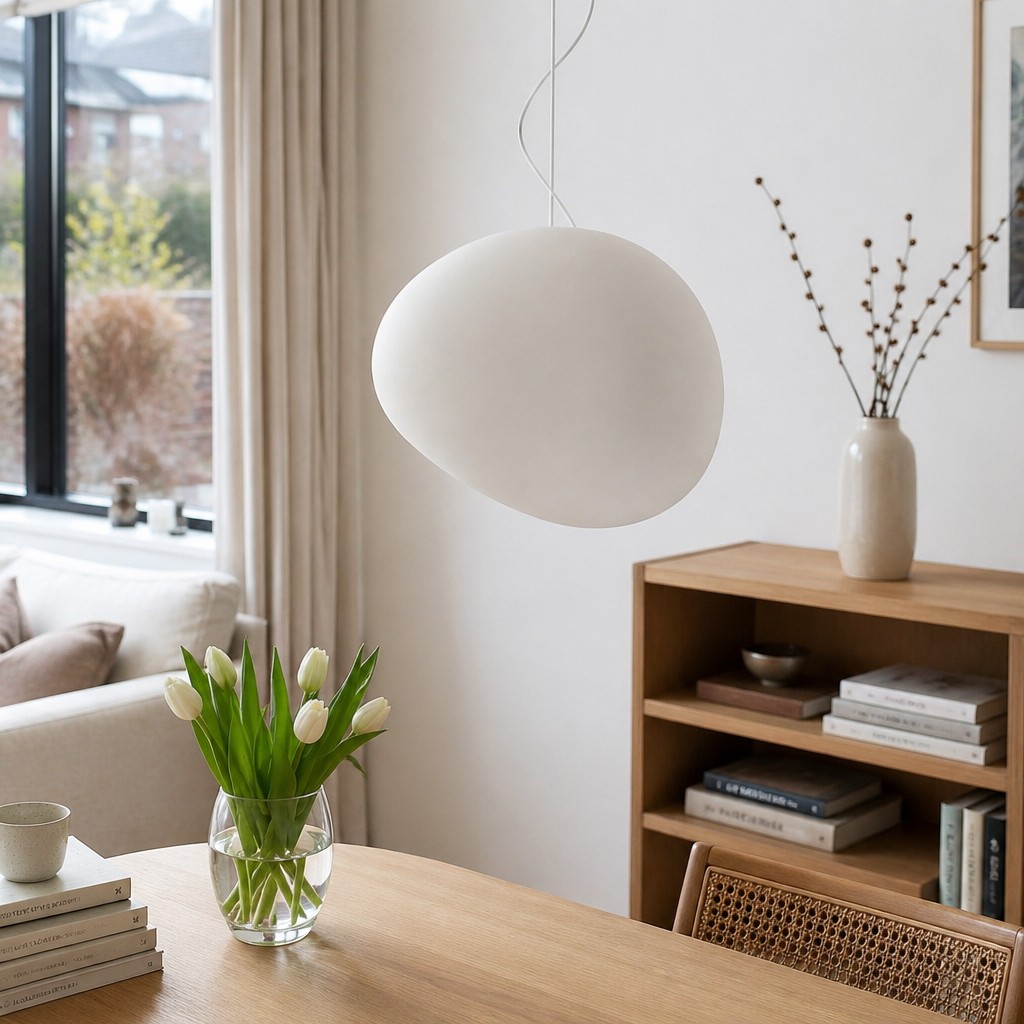 Stonea hanglamp boven een houten tafel