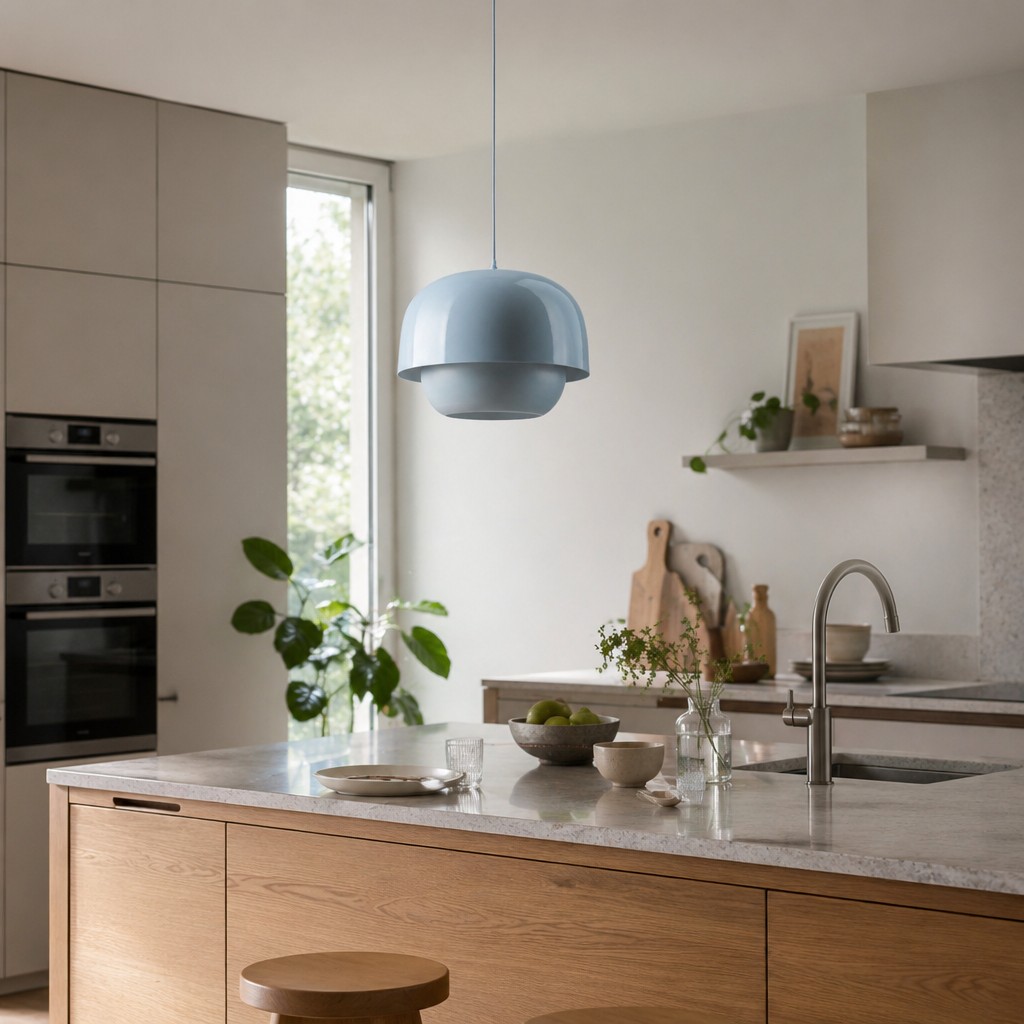 Hemelsblauwe Clinco hanglamp boven een keukeneiland