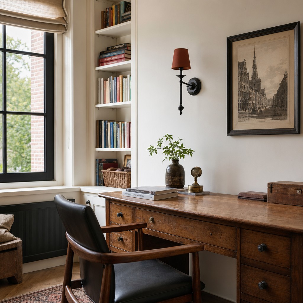 Arcuma wandlamp bij bureau