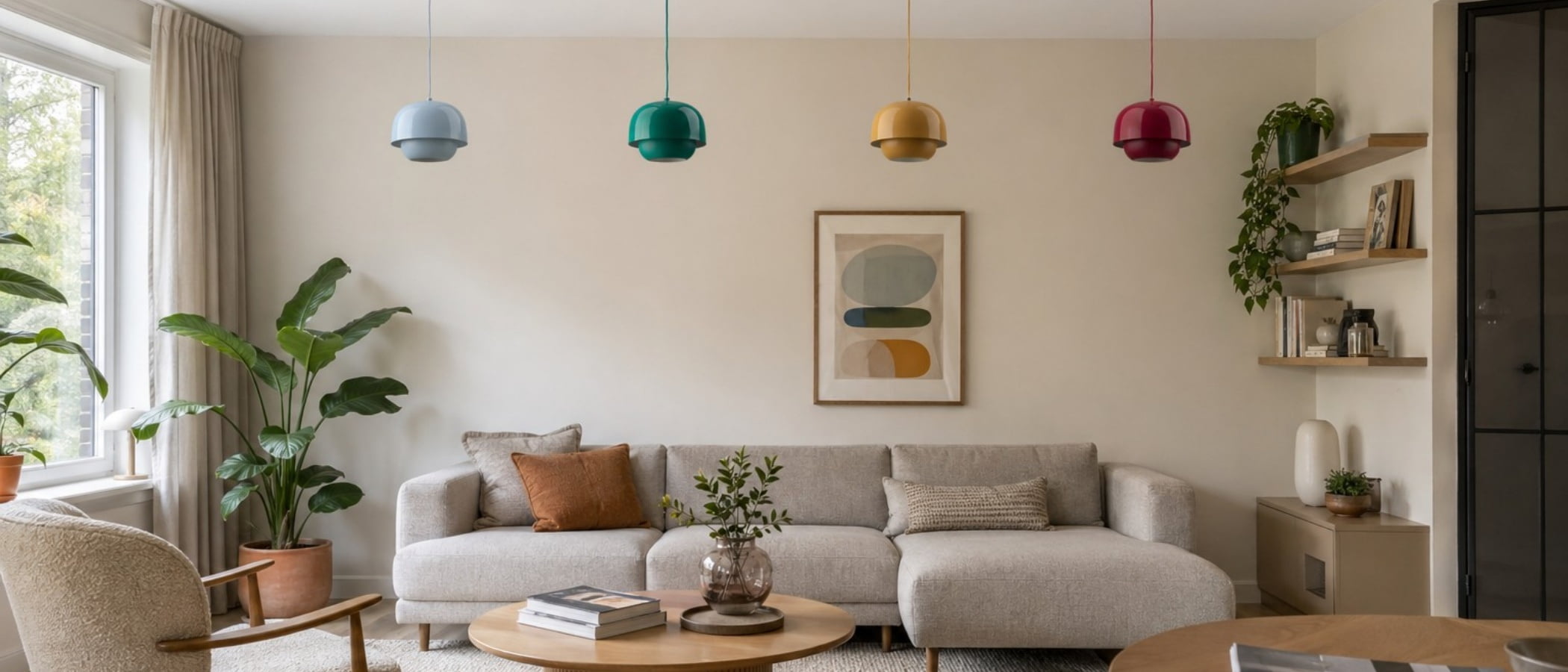 Clinco gekleurde hanglamp in een woonkamer
