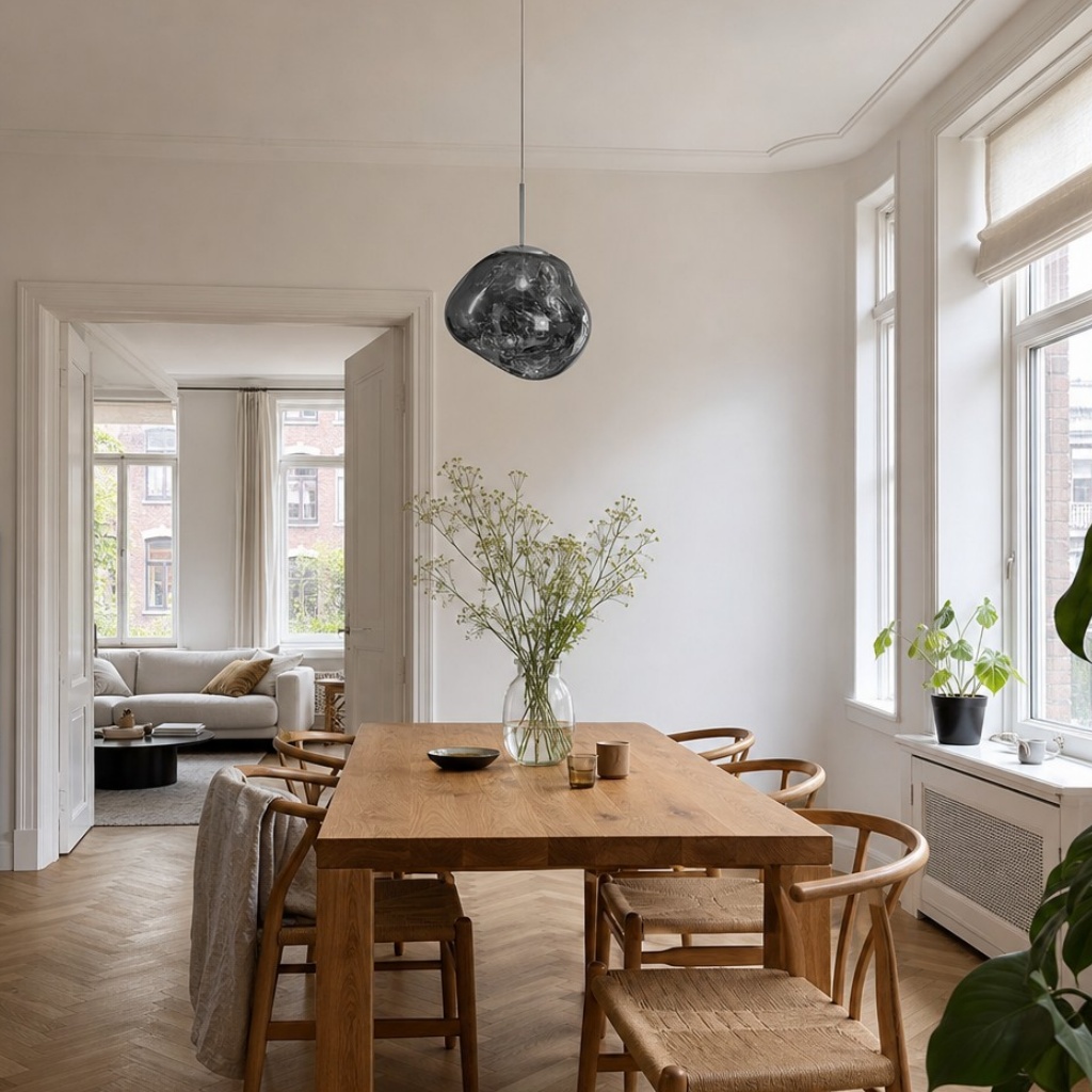 Donkere hanglamp boven een houten tafel