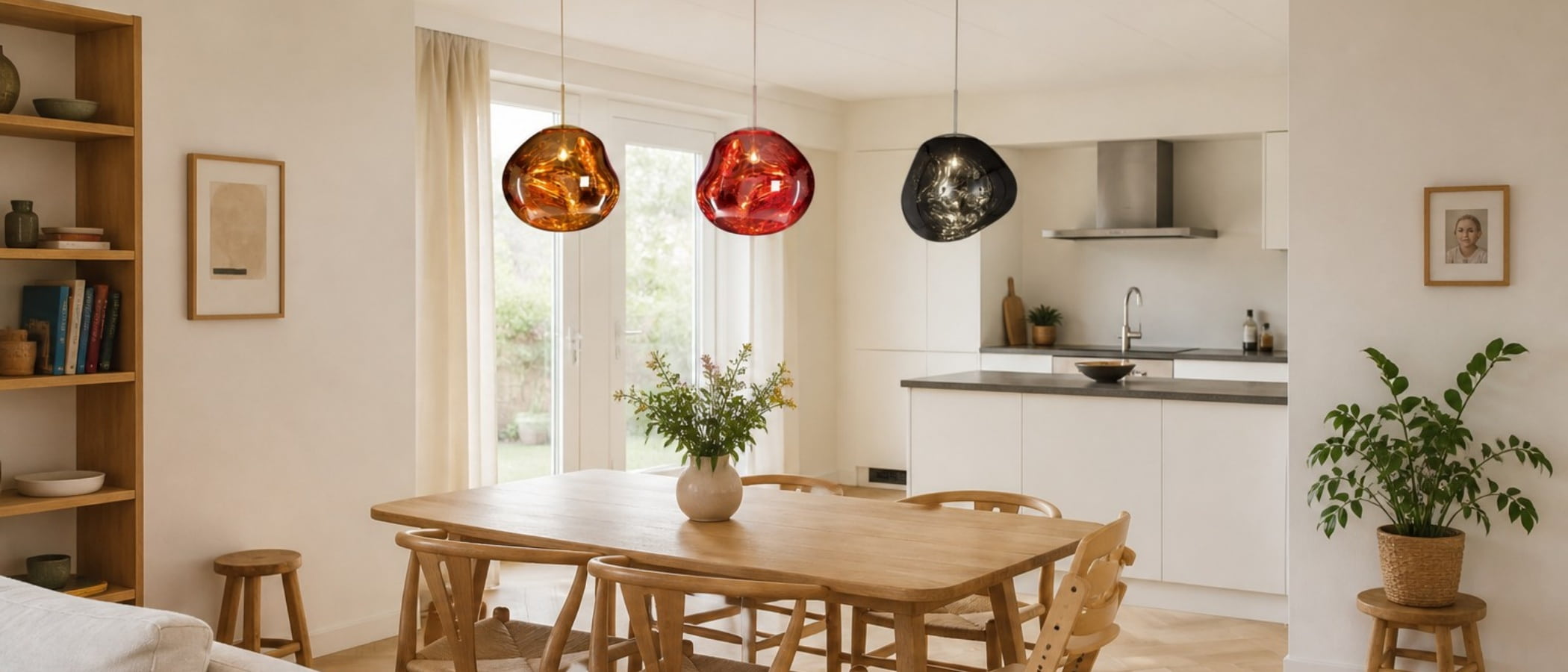 Lavavormige hanglampen boven een eettafel