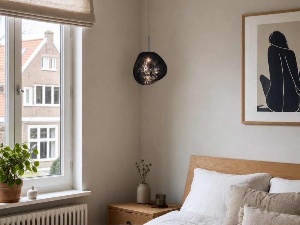 Lavavormige hanglamp naast een bed