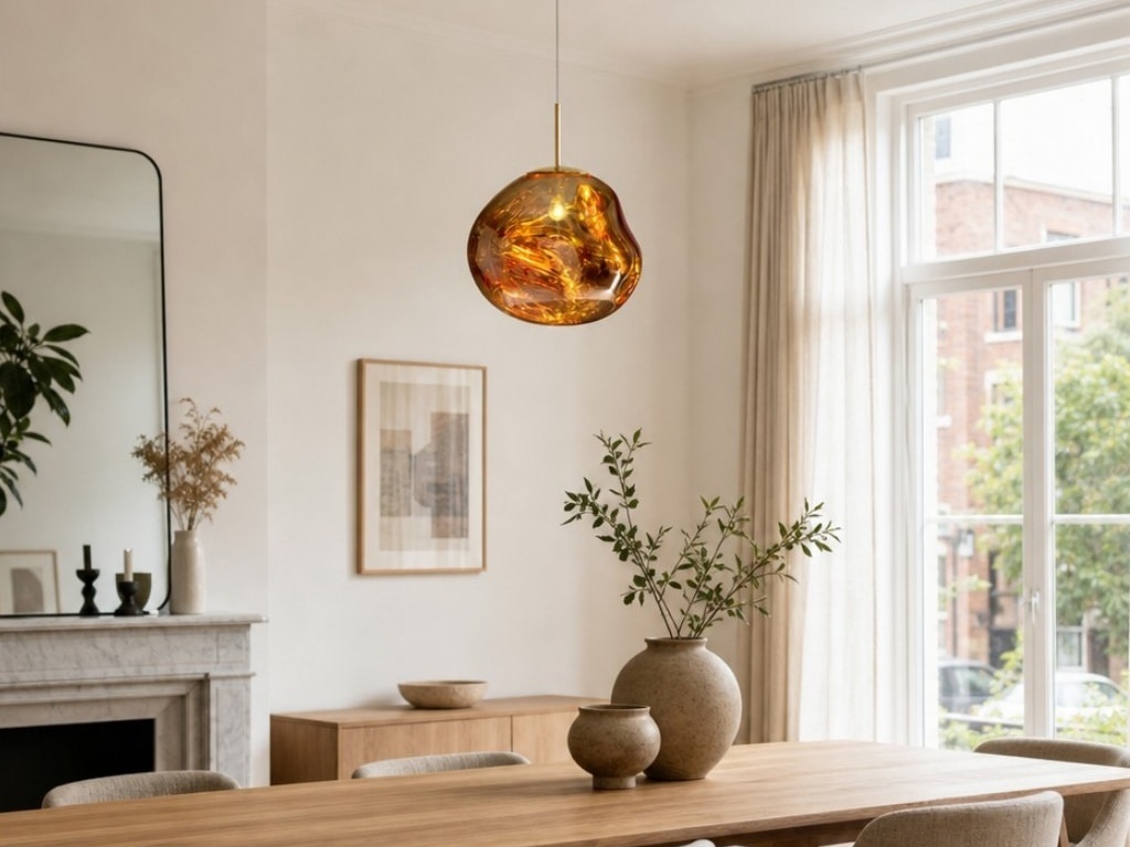 Goudkleurige hanglamp boven de eettafel