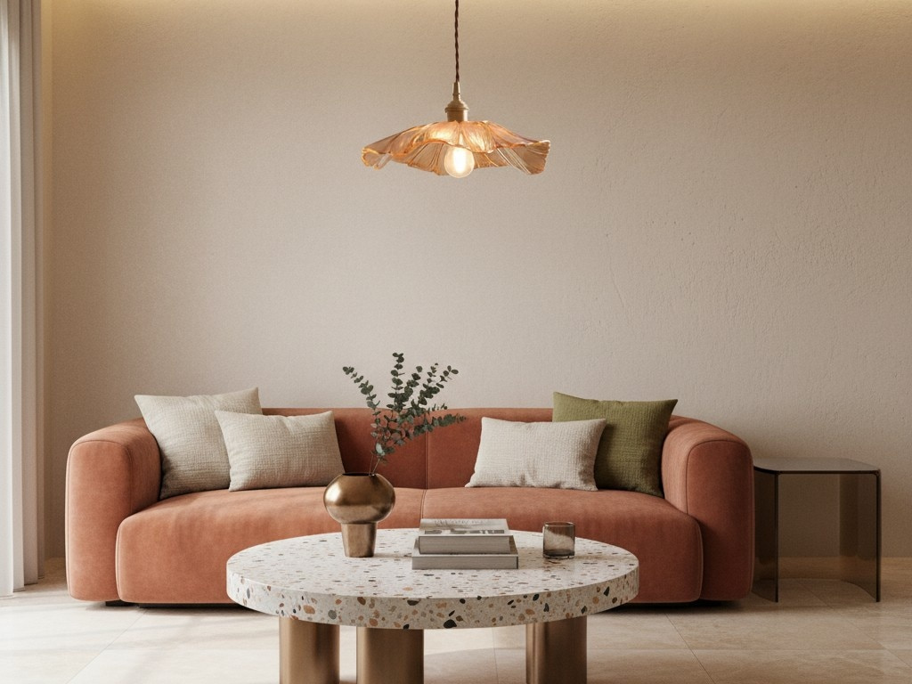 Amberkleurige Lotus glazen hanglamp boven een bank
