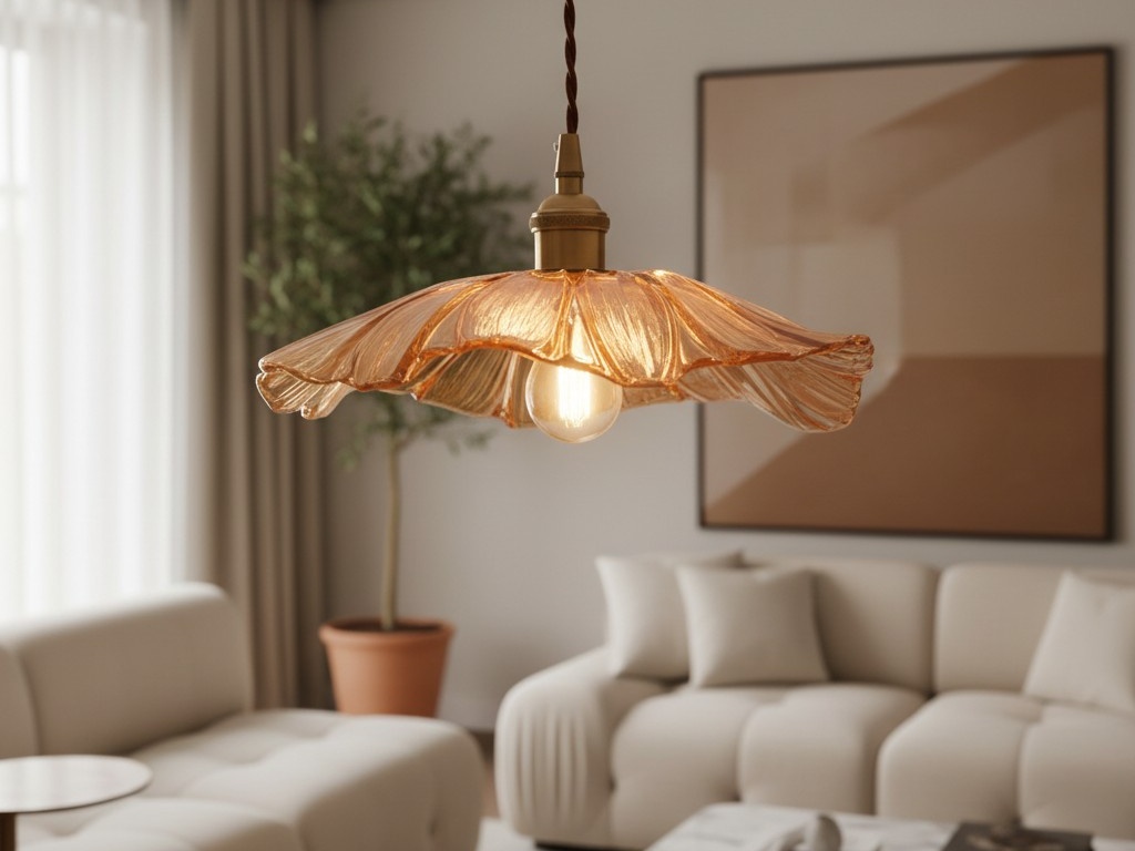 Amberkleurige Lotus glazen hanglamp in woonkamer