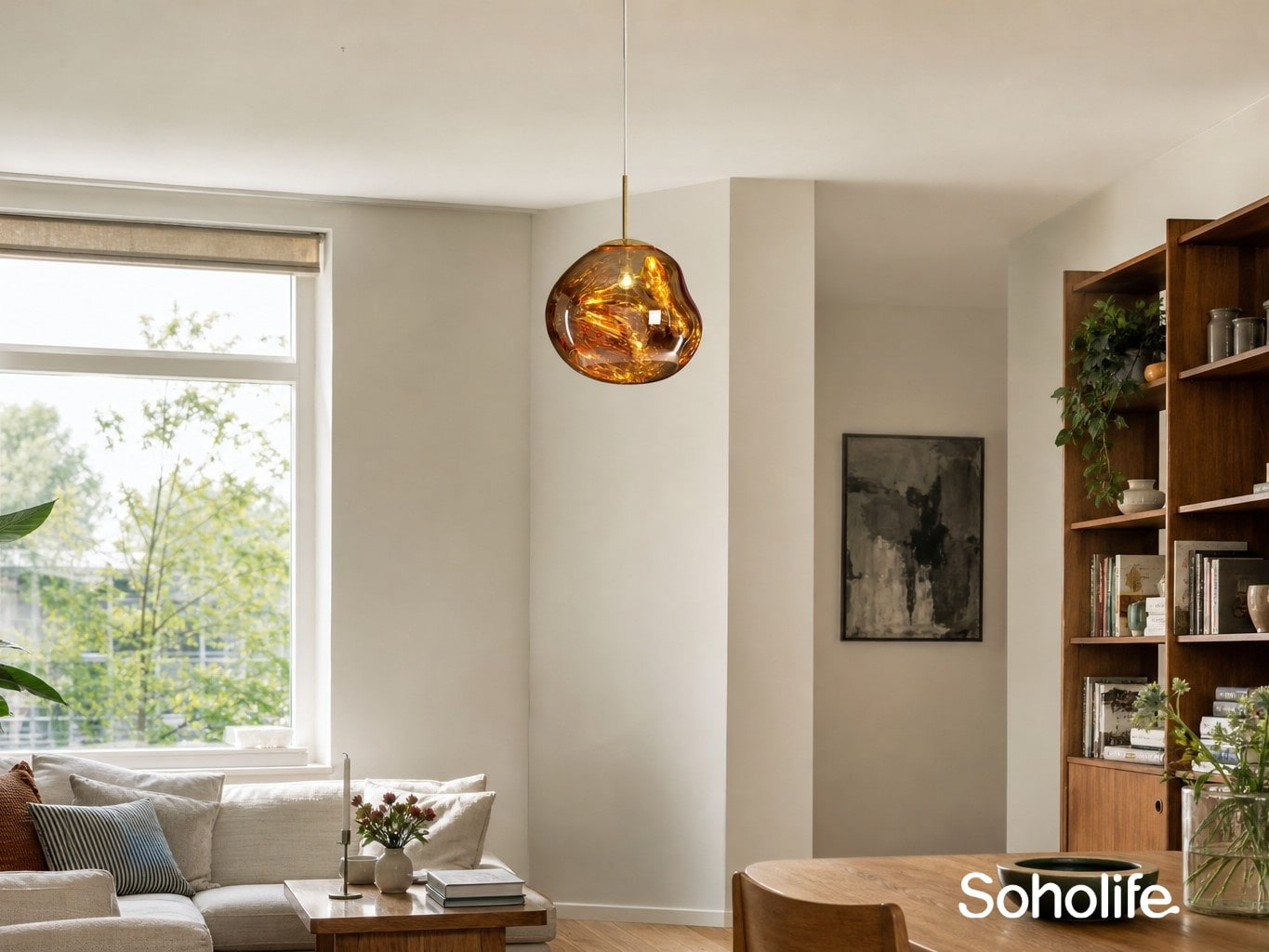 Lavavormige hanglamp in een woonkamer