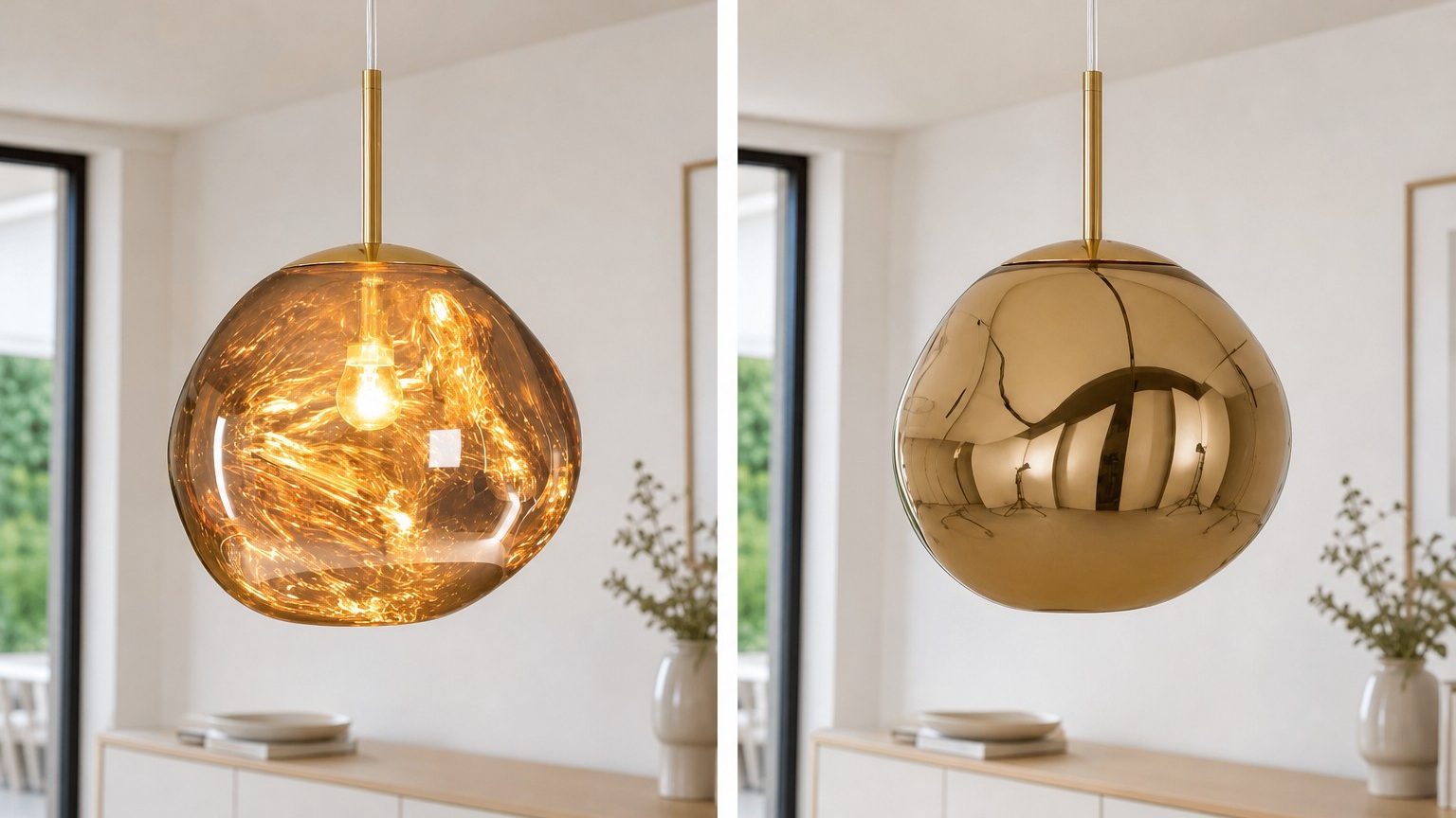 Vergelijking van de hanglamp met het licht aan en uit