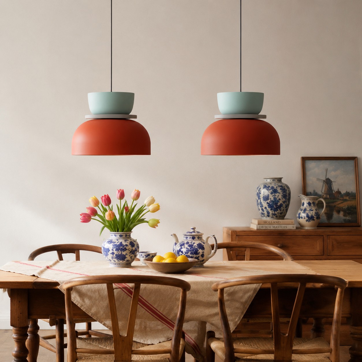 Rood en mint Macri lampen boven eettafel