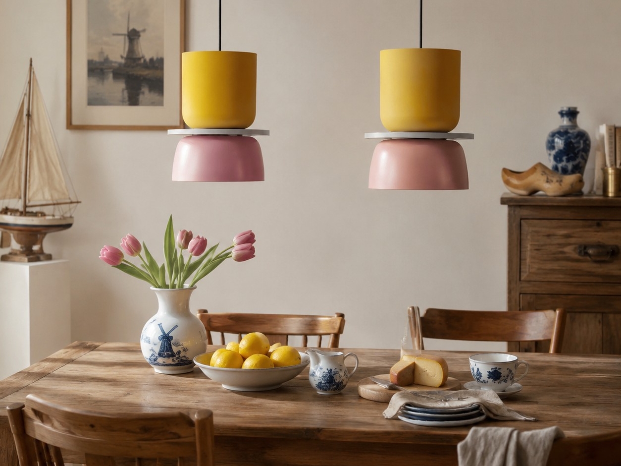Macri lamp boven tafel met tulpen
