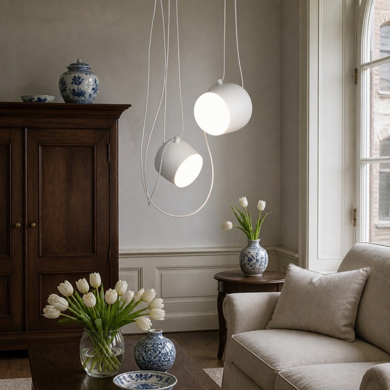 Hanglampen naast een bank