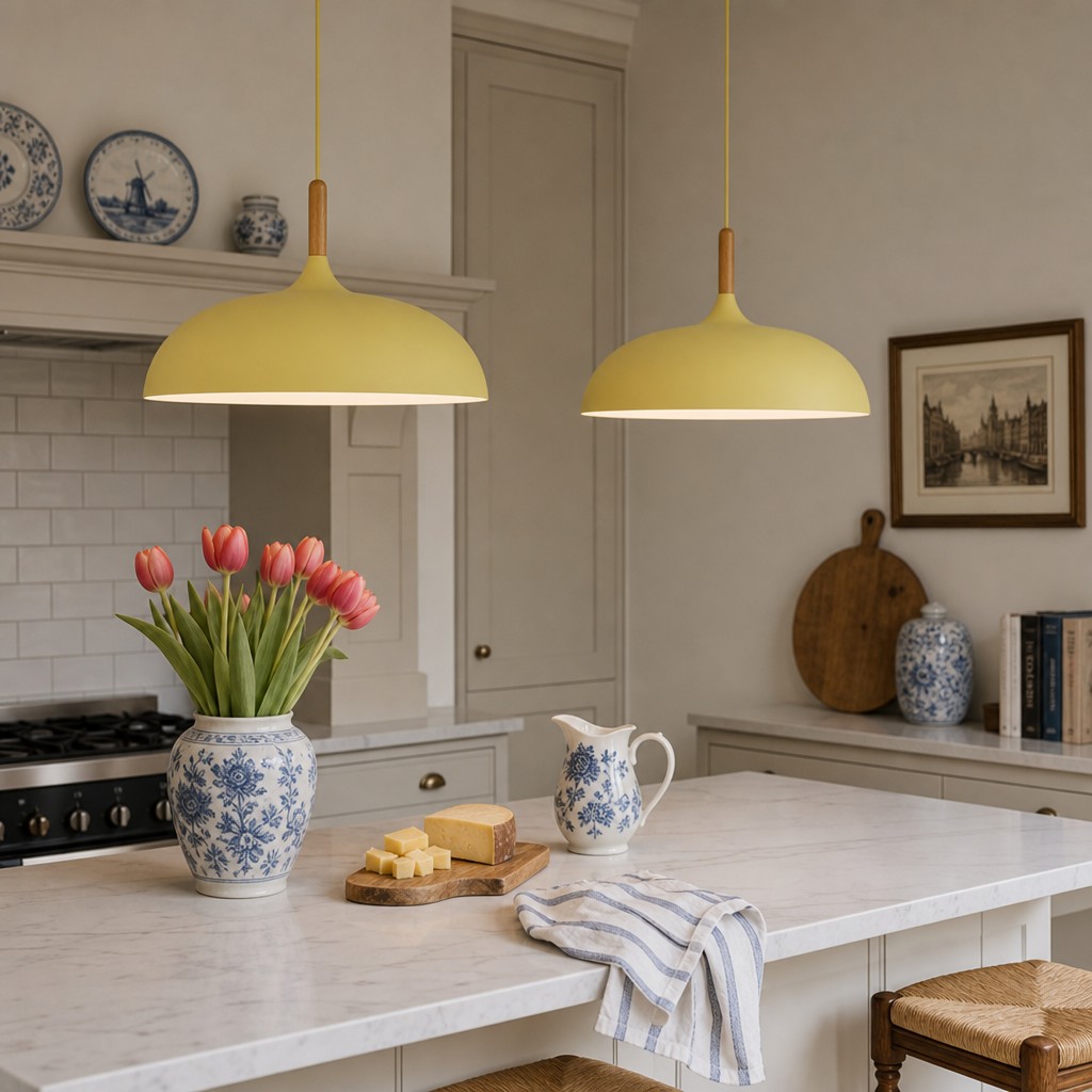 Gele hanglampen boven keukenblad