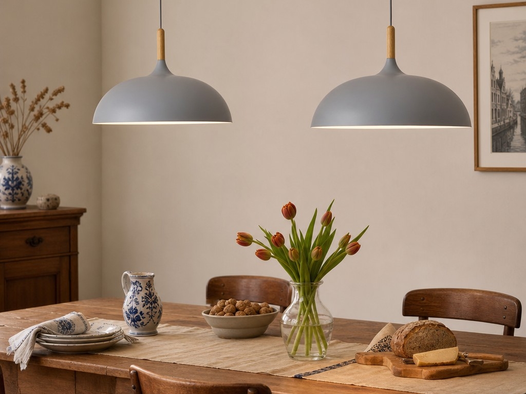 Grijze hanglampen boven eettafel