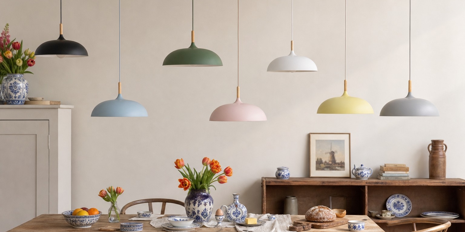 Meerdere kleuren van de minimalistische hanglamp boven een eettafel