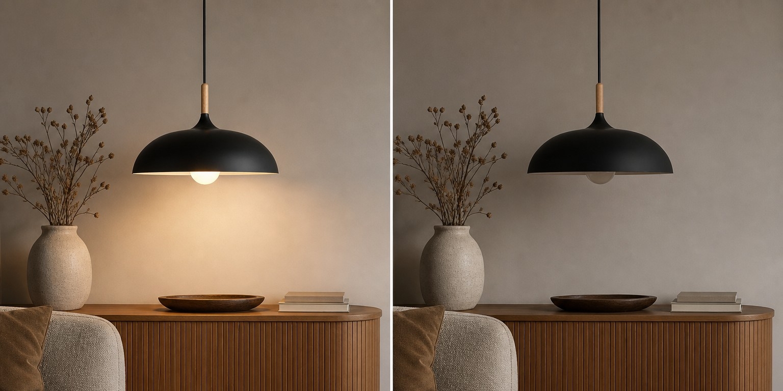 Hanglamp met licht aan en uit naast elkaar