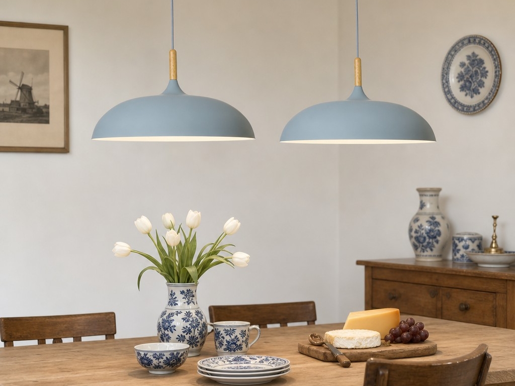 Blauwe hanglampen boven een eettafel met specificaties