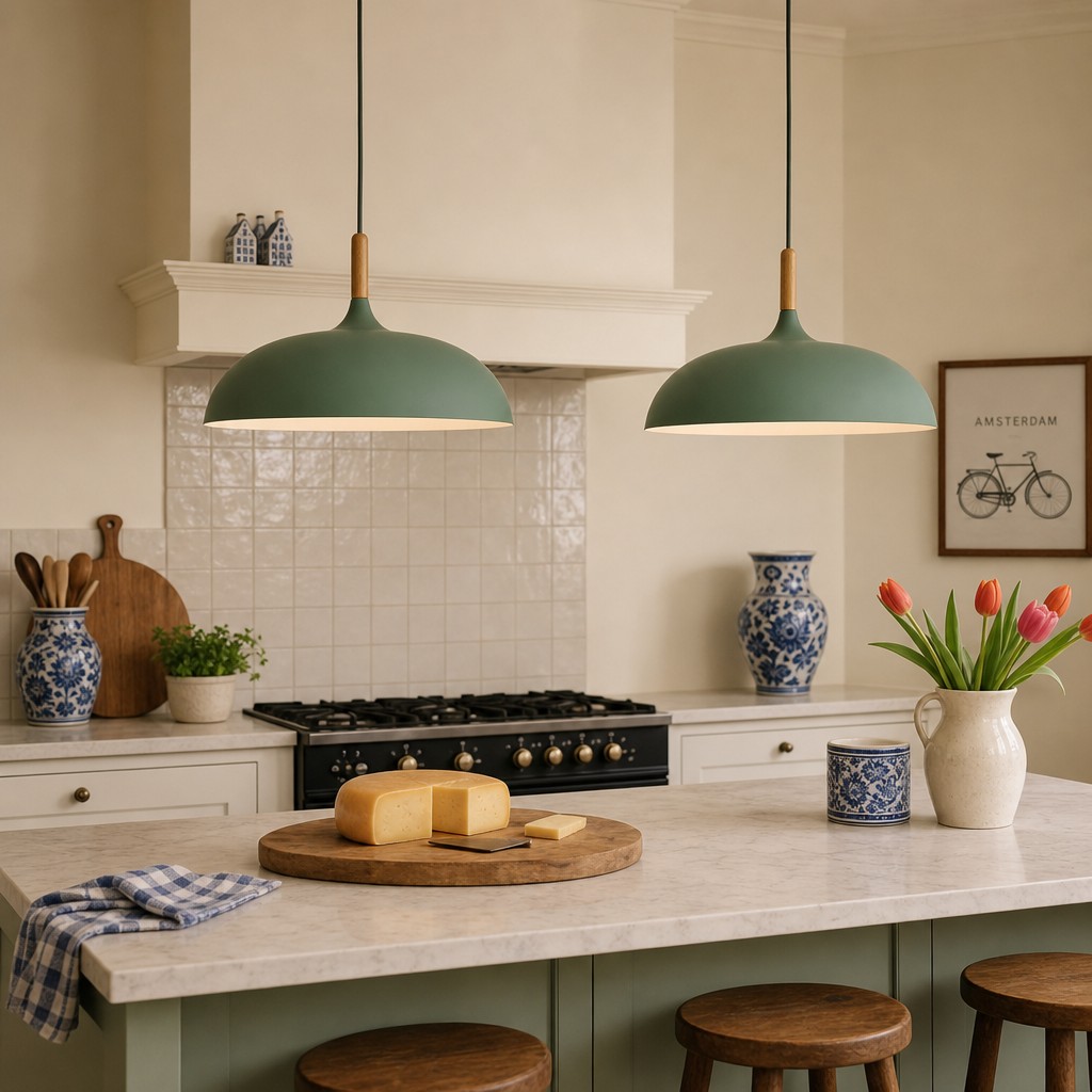 Groene hanglampen boven kookeiland in keuken