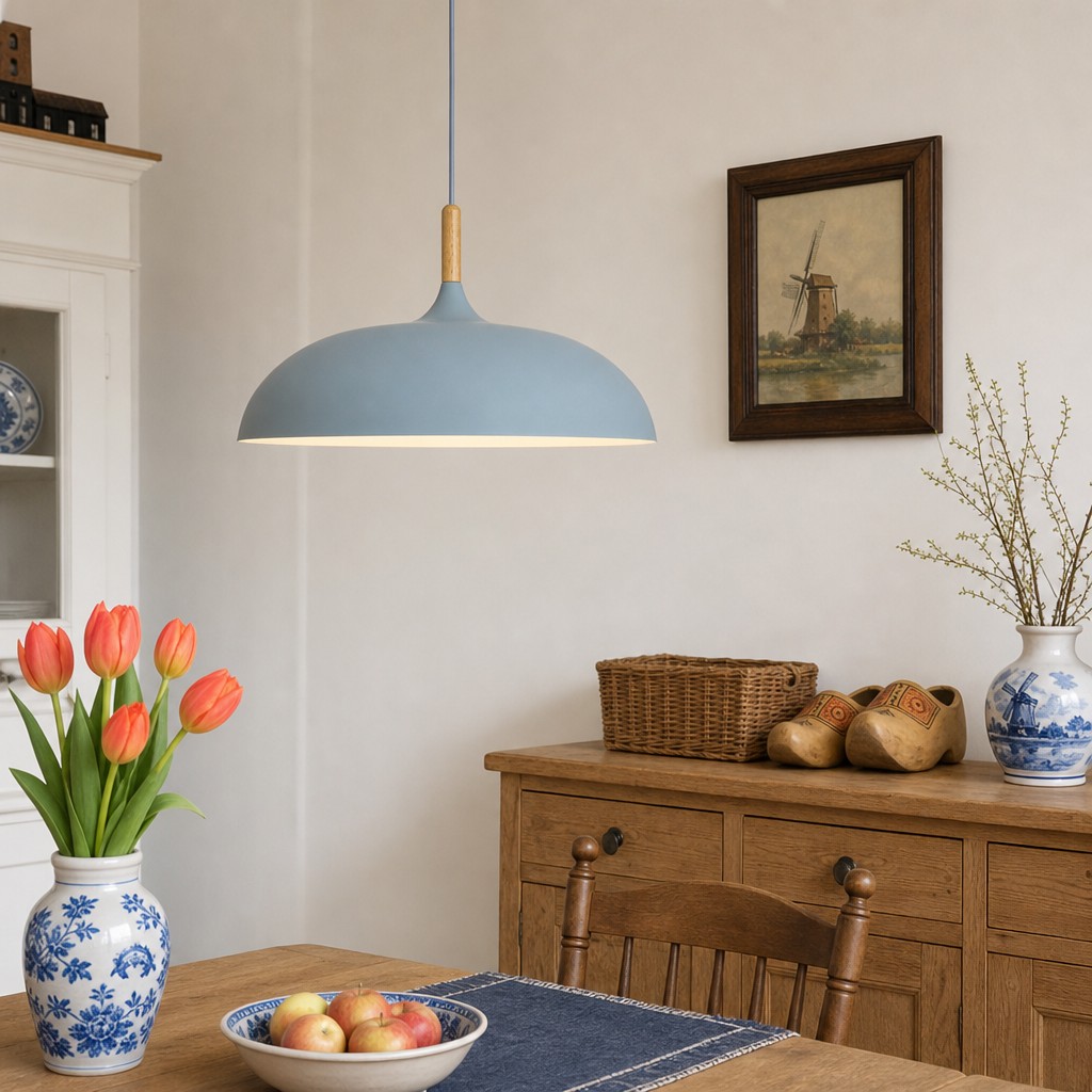 Roze hanglamp naast bed
