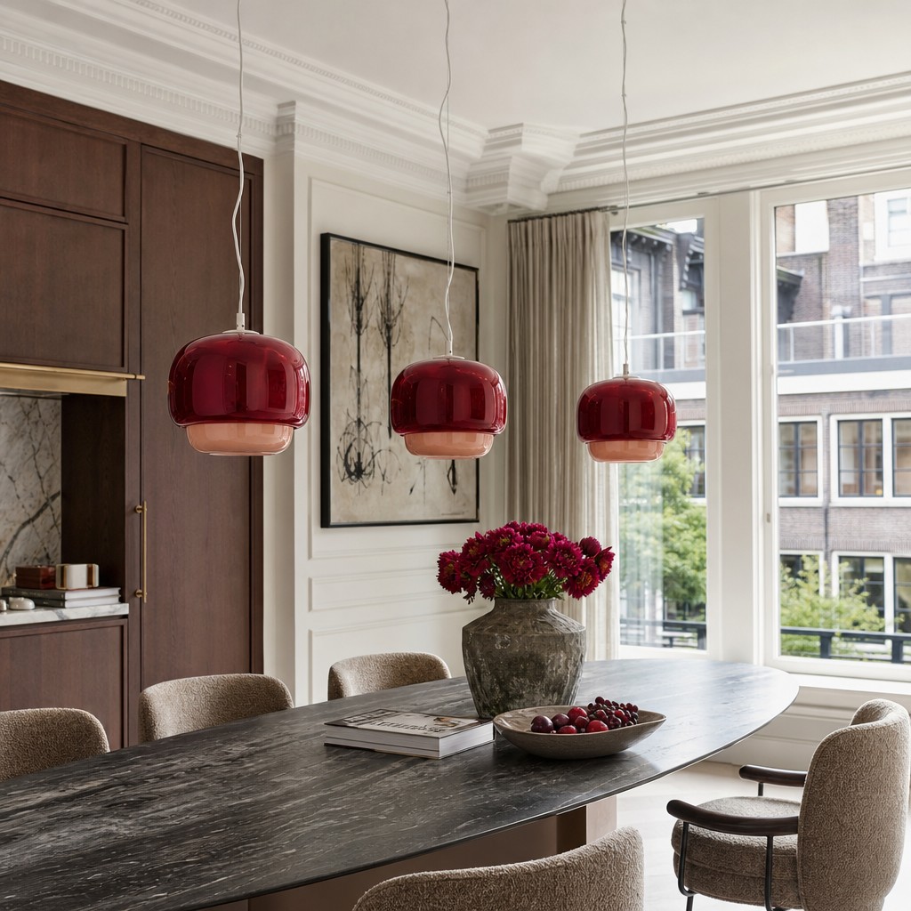 Rode Clinco hanglampen in ruime eetkamer