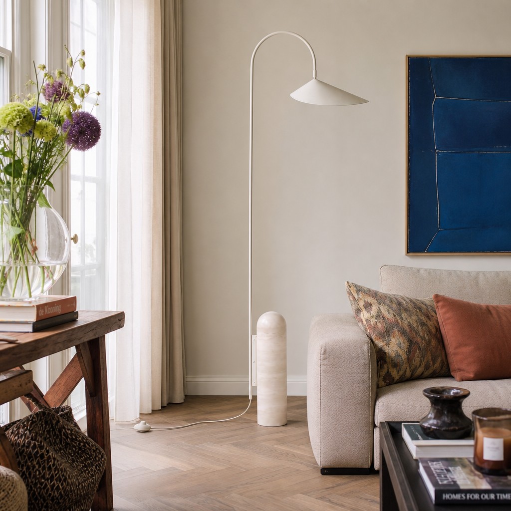 Nulavo vloerlamp met lichte kap in een woonkamer