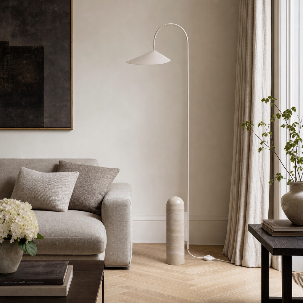 Nulavo vloerlamp in een zachte loungehoek