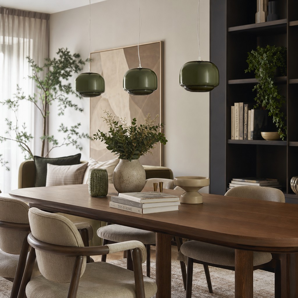 Groene Clinco hanglampen boven eettafel