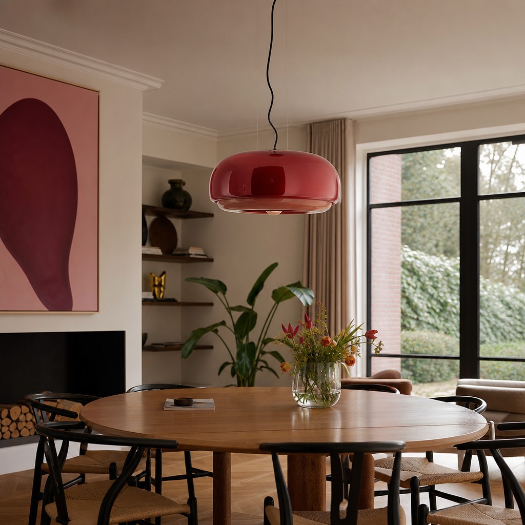 Roze Clinco hanglamp boven ronde tafel