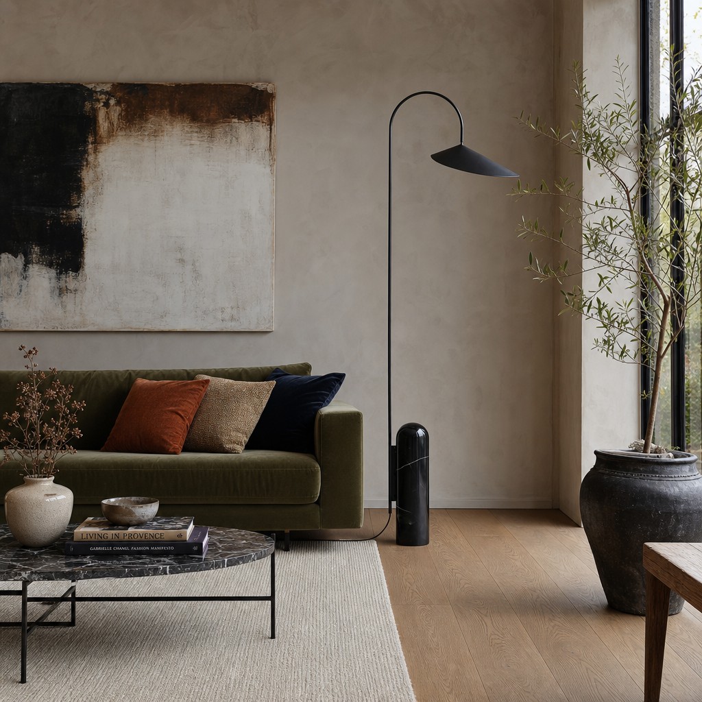 Nulavo vloerlamp in een kamer met groene bank
