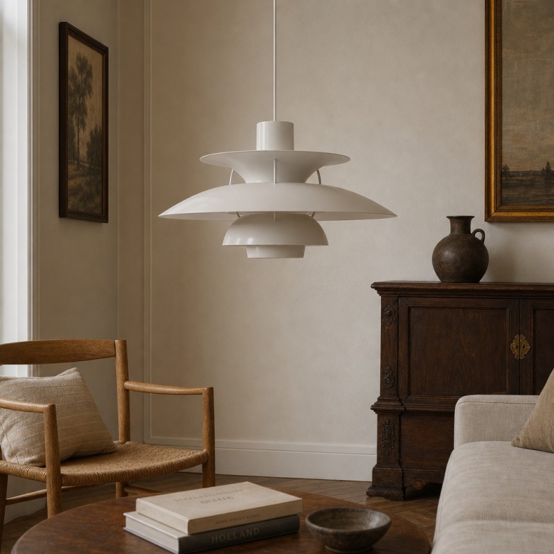 Klassieke witte hanglamp van dichtbij