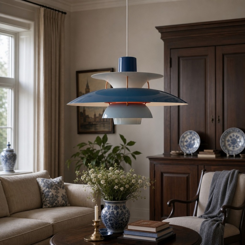 Blauwe hanglamp van dichtbij