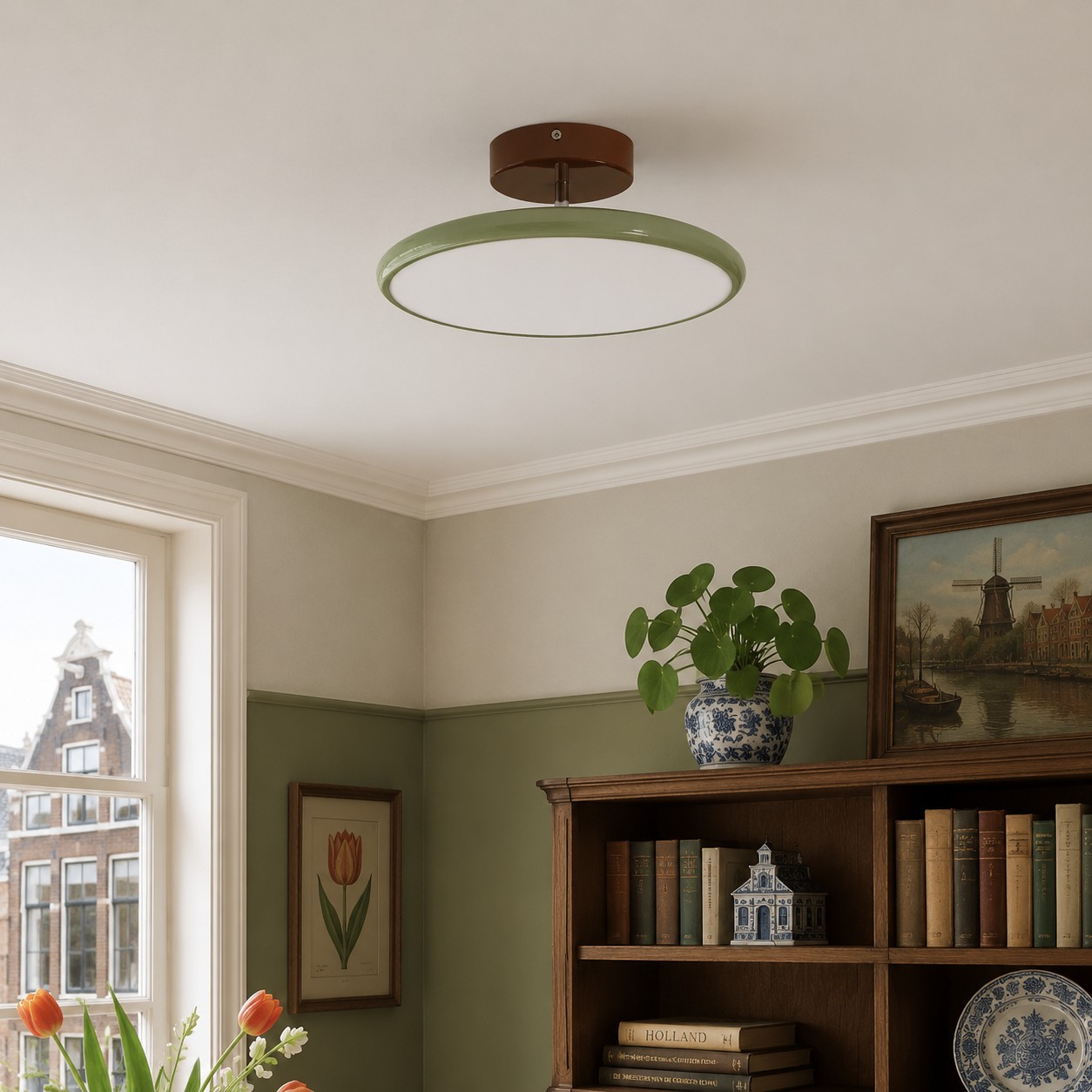 Zielona lampa sufitowa w salonie