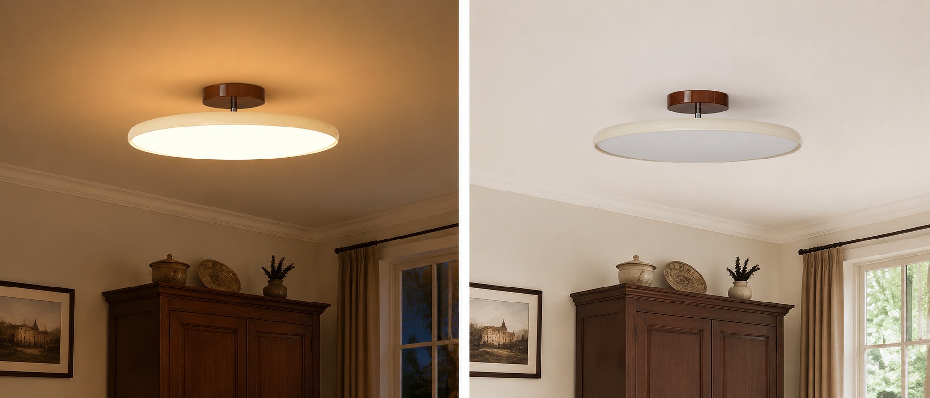 Lampa sufitowa wyłączona i włączona