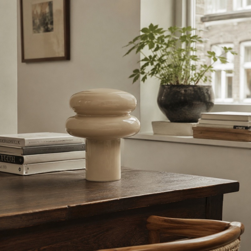 Neutrale opaalglazen lamp op houten tafel
