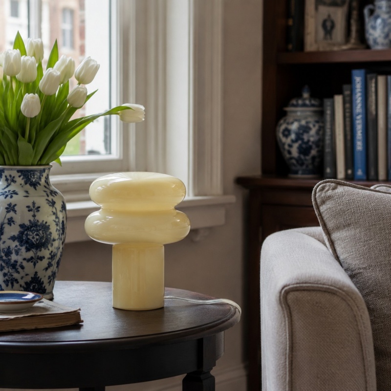 Opaal glazen paddenstoelvormige lamp in een interieur