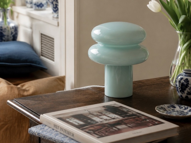 Lichtblauwe opaalglazen lamp op tafel