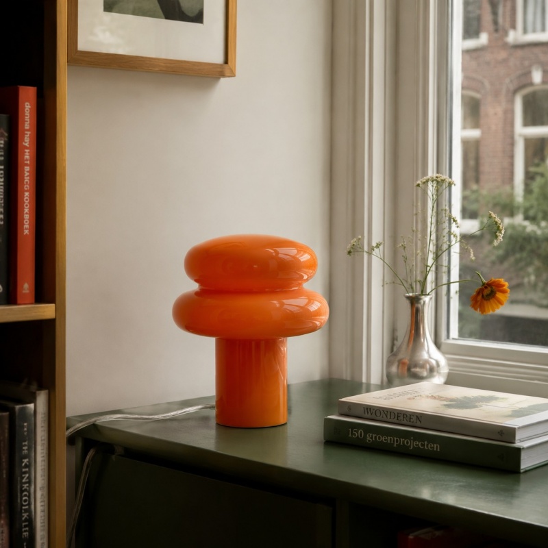 Oranje opaalglazen lamp bij het raam