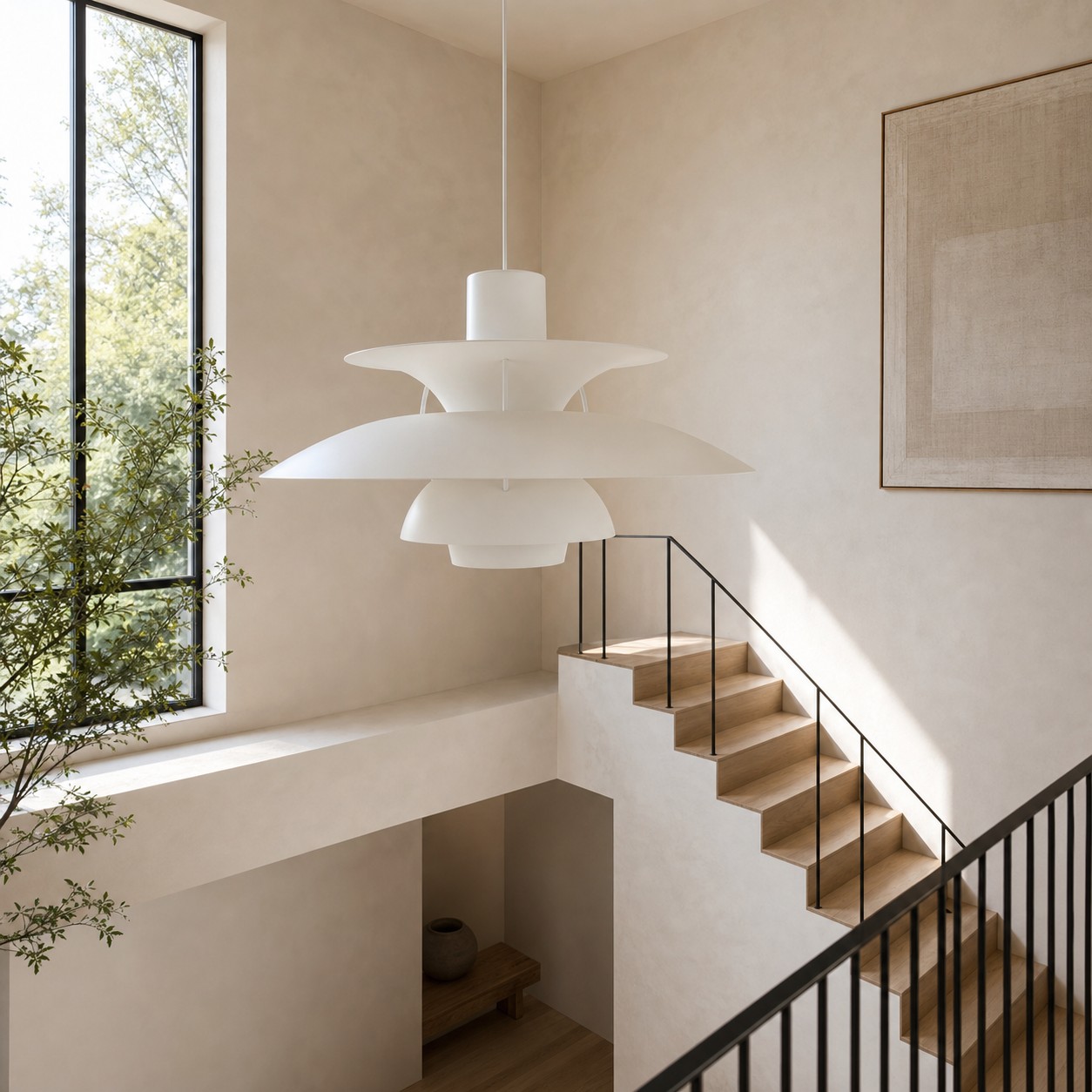 Witte hanglamp boven een trap